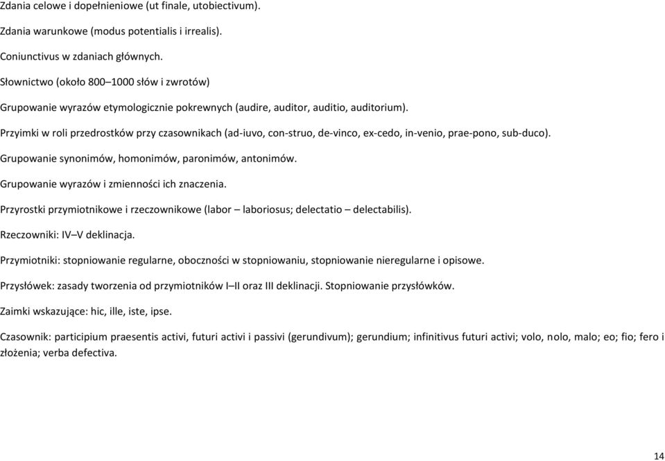 Przyimki w roli przedrostków przy czasownikach (ad-iuvo, con-struo, de-vinco, ex-cedo, in-venio, prae-pono, sub-duco). Grupowanie synonimów, homonimów, paronimów, antonimów.