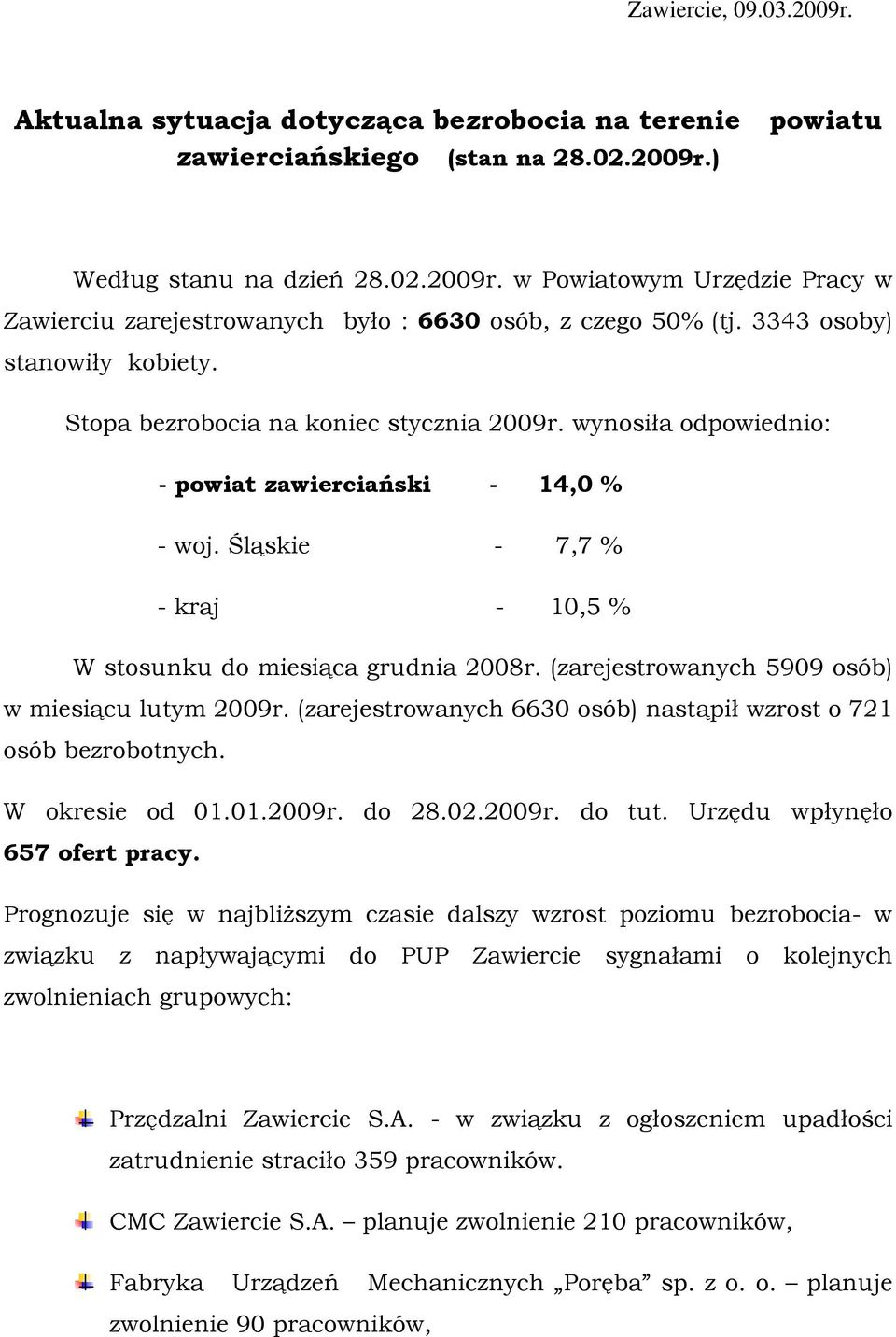 Śląskie - 7,7 % - kraj - 10,5 % W stosunku do miesiąca grudnia 2008r. (zarejestrowanych 5909 osób) w miesiącu lutym 2009r. (zarejestrowanych 6630 osób) nastąpił wzrost o 721 osób bezrobotnych.