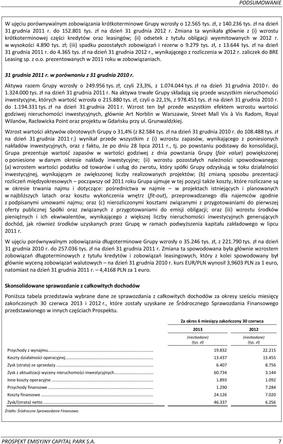 zł; (iii) spadku pozostałych zobowiązań i rezerw o 9.279 tys. zł, z 13.644 tys. zł na dzień 31 grudnia 2011 r. do 4.365 tys. zł na dzień 31 grudnia 2012 r., wynikającego z rozliczenia w 2012 r.
