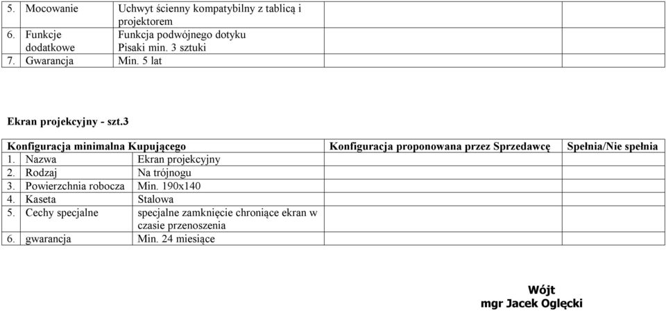 5 lat Ekran projekcyjny - szt.3 1. Nazwa Ekran projekcyjny 2. Rodzaj Na trójnogu 3.