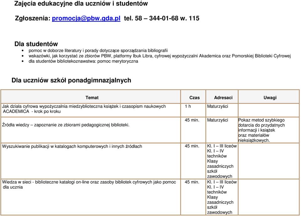 Pomorskiej Biblioteki Cyfrowej dla studentów bibliotekoznawstwa: pomoc merytoryczna Dla uczniów ponadgimnazjalnych Temat Czas Adresaci Uwagi Jak działa cyfrowa wypożyczalnia miedzyblioteczna książek