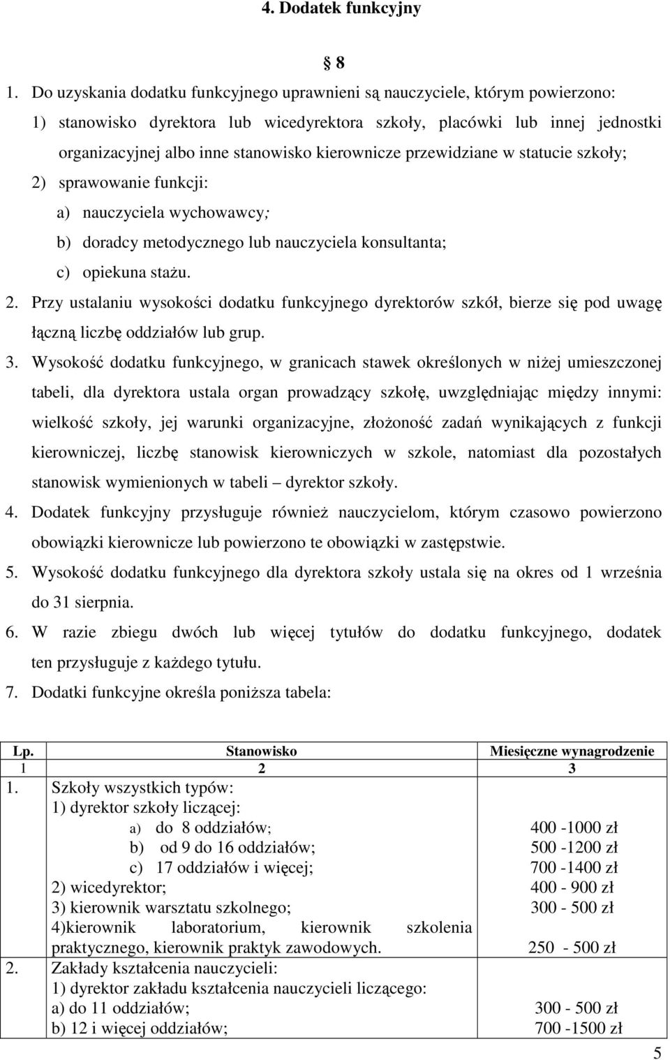 kierownicze przewidziane w statucie szkoły; 2) sprawowanie funkcji: a) nauczyciela wychowawcy; b) doradcy metodycznego lub nauczyciela konsultanta; c) opiekuna staŝu. 2. Przy ustalaniu wysokości dodatku funkcyjnego dyrektorów szkół, bierze się pod uwagę łączną liczbę oddziałów lub grup.