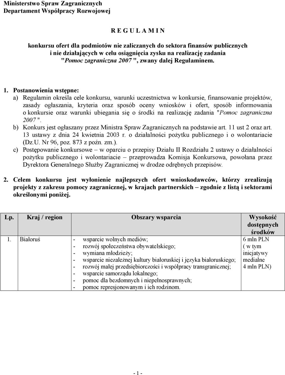 Postanowienia wstępne: a) Regulamin określa cele konkursu, warunki uczestnictwa w konkursie, finansowanie projektów, zasady ogłaszania, kryteria oraz sposób oceny wniosków i ofert, sposób