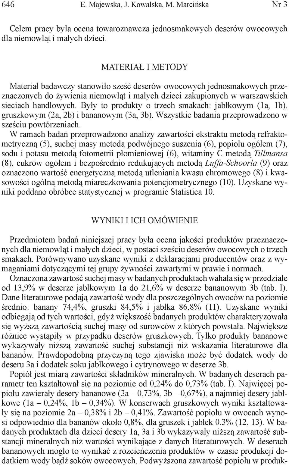 Były to produkty o trzech smakach: jabłkowym (1a, 1b), gruszkowym (2a, 2b) i bananowym (3a, 3b). Wszystkie badania przeprowadzono w sześciu powtórzeniach.