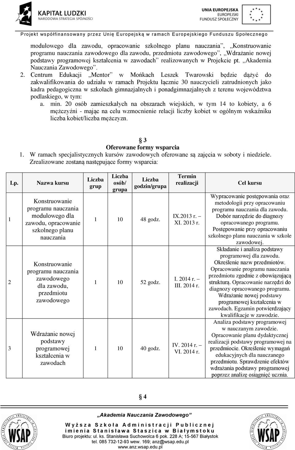 Centrum Edukacji Mentor w Mońkach Leszek Twarowski będzie dążyć do zakwalifikowania do udziału w ramach Projektu łącznie 30 nauczycieli zatrudnionych jako kadra pedagogiczna w szkołach gimnazjalnych