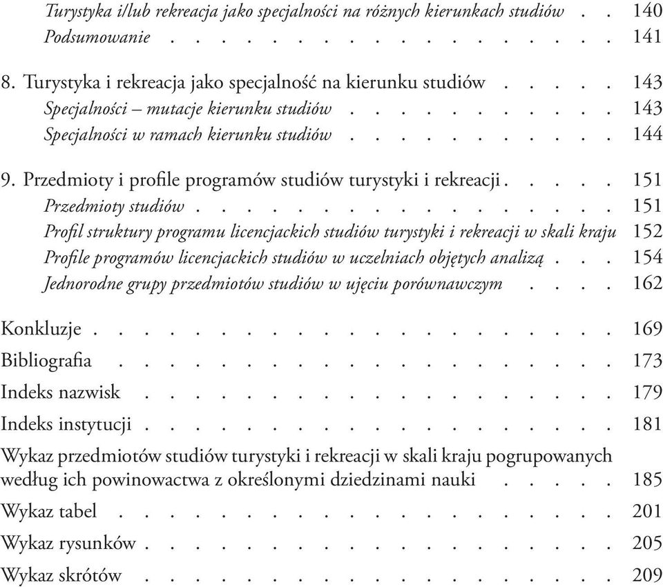 .... 151 Przedmioty studiów................. 151 Profil struktury programu licencjackich studiów turystyki i rekreacji w skali kraju 152 Profile programów licencjackich studiów w uczelniach objętych analizą.