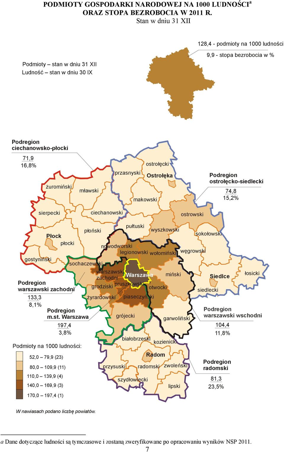 makowski ostrołęcko-siedlecki 74,8 15,2% sierpecki ciechanowski ostrowski gostyniński Płock płocki warszawski zachodni 133,3 8,1% Podmioty na 1000 ludności: 52,0 79,9 (23) 80,0 109,9 (11) 110,0 139,9