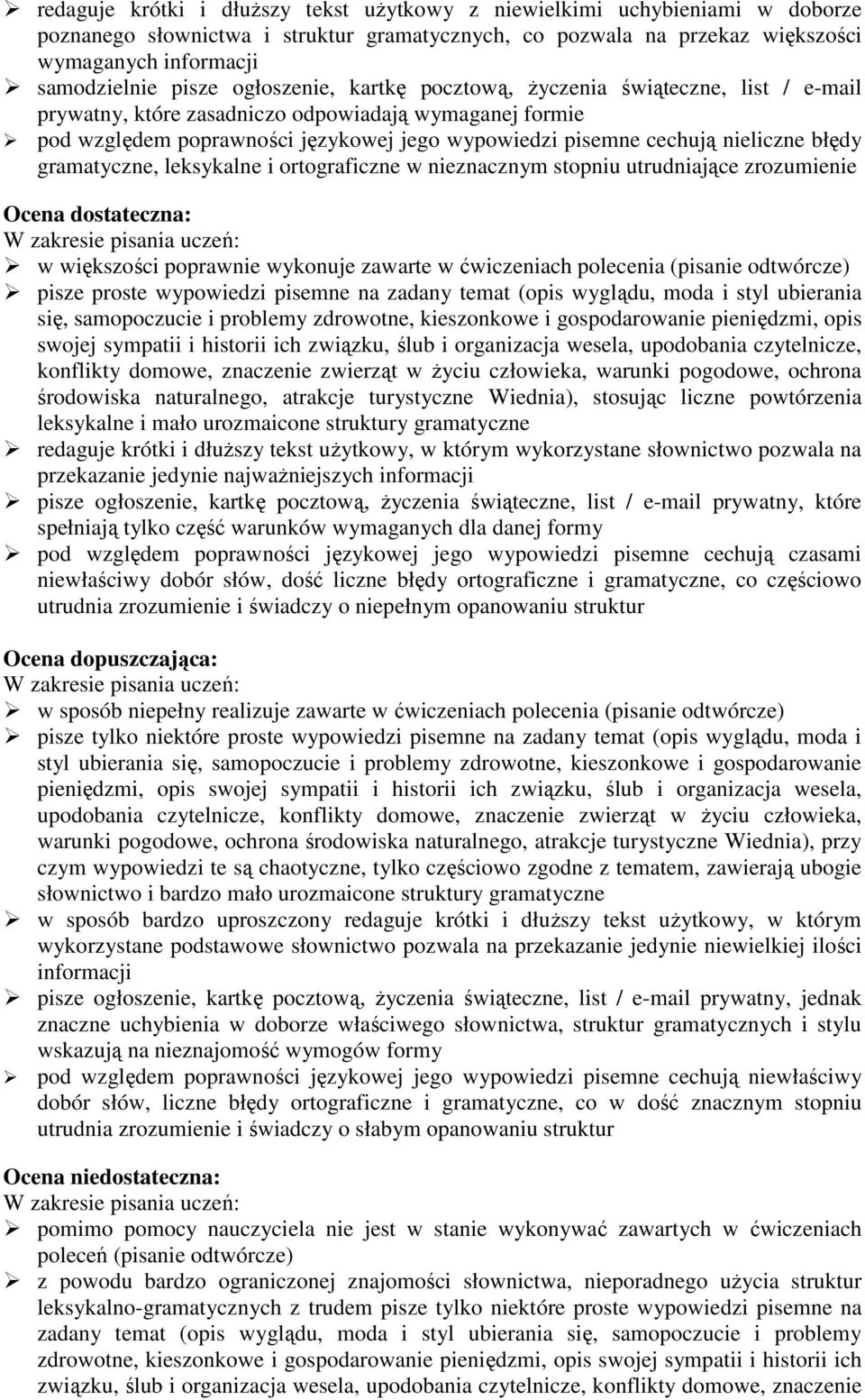 błędy gramatyczne, leksykalne i ortograficzne w nieznacznym stopniu utrudniające zrozumienie Ocena dostateczna: W zakresie pisania uczeń: w większości poprawnie wykonuje zawarte w ćwiczeniach