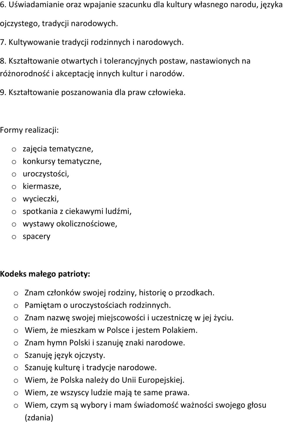 Formy realizacji: o zajęcia tematyczne, o konkursy tematyczne, o uroczystości, o kiermasze, o wycieczki, o spotkania z ciekawymi ludźmi, o wystawy okolicznościowe, o spacery Kodeks małego patrioty: o