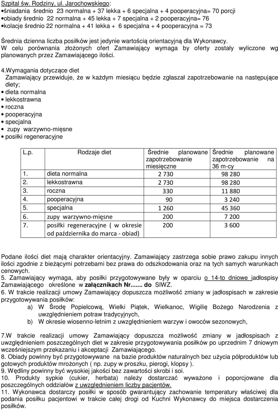 + 41 lekka + 6 specjalna + 4 pooperacyjna = 73 Średnia dzienna liczba posiłków jest jedynie wartością orientacyjną dla Wykonawcy.