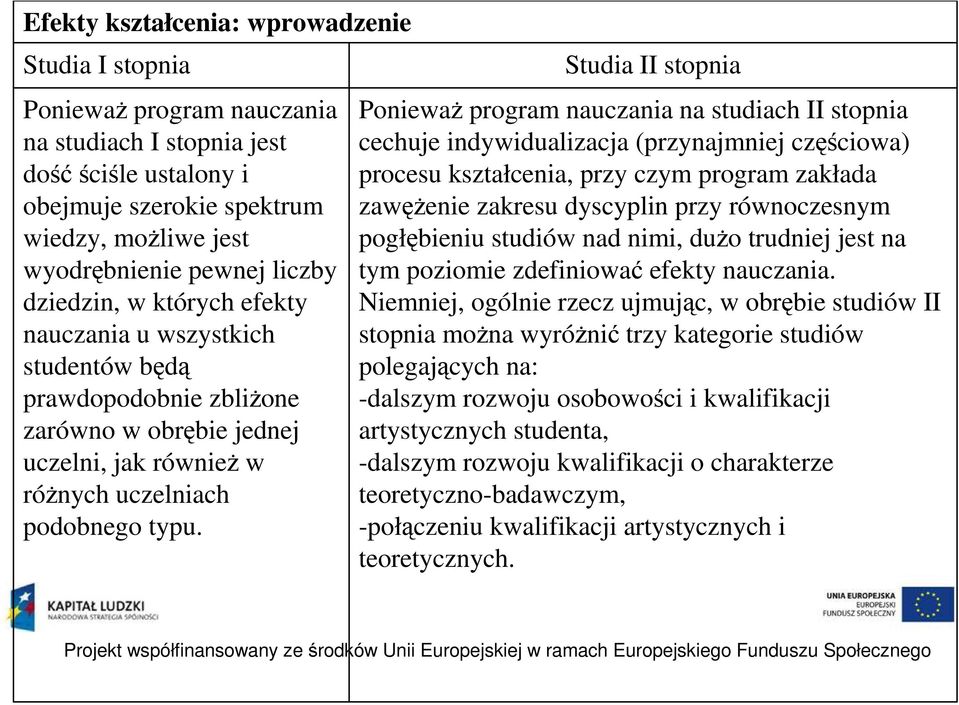 Studia II stopnia Ponieważ program nauczania na studiach II stopnia cechuje indywidualizacja (przynajmniej częściowa) procesu kształcenia, przy czym program zakłada zawężenie zakresu dyscyplin przy