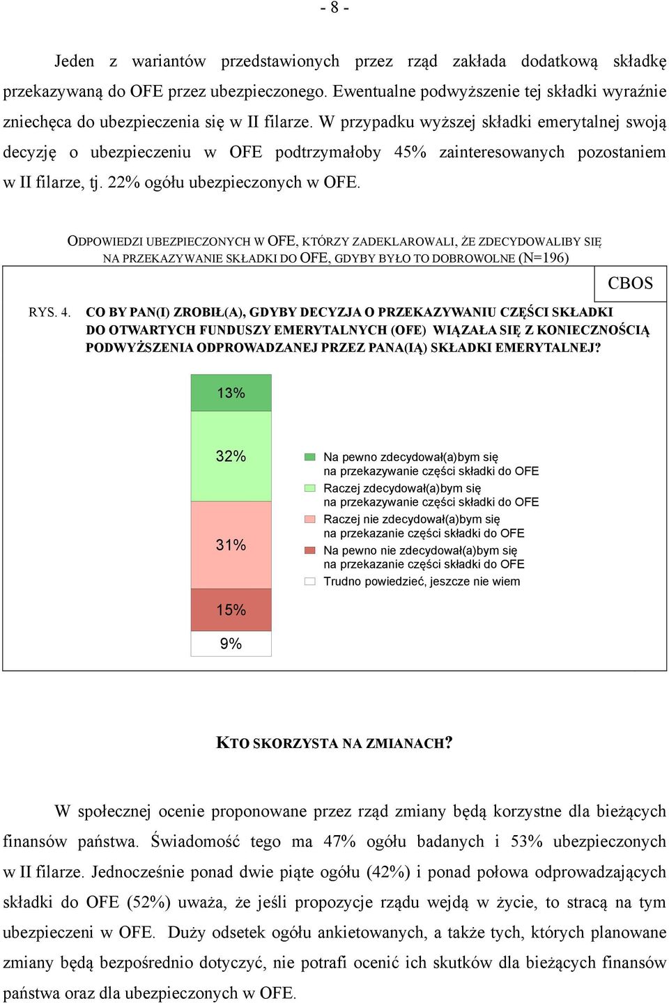 W przypadku wyższej składki emerytalnej swoją decyzję o ubezpieczeniu w OFE podtrzymałoby 45% zainteresowanych pozostaniem w II filarze, tj. 22% ogółu ubezpieczonych w OFE.