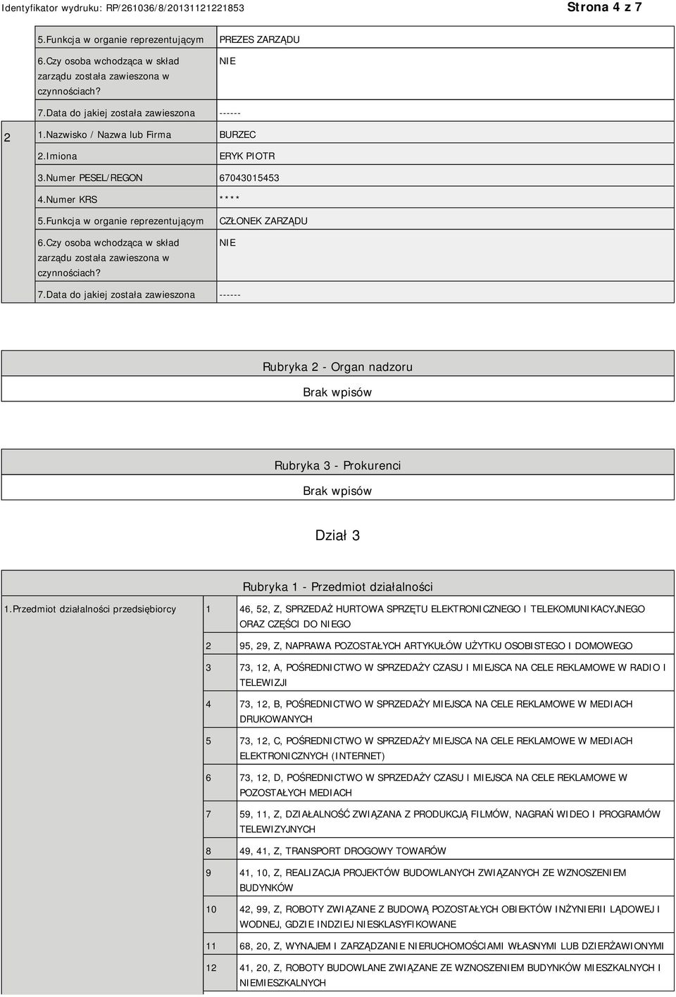 Czy osoba wchodząca w skład zarządu została zawieszona w czynnościach? CZŁONEK ZARZĄDU 7.