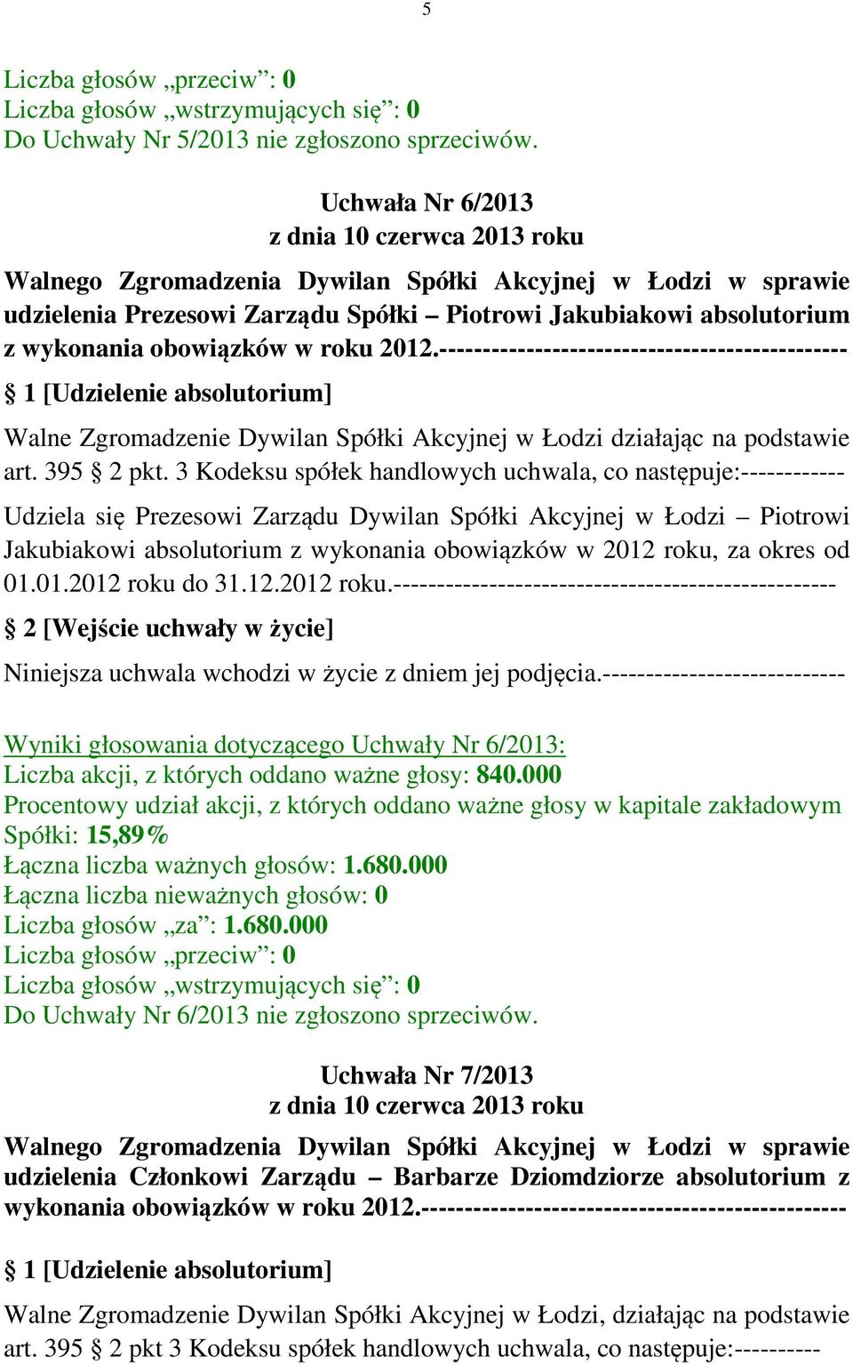 3 Kodeksu spółek handlowych uchwala, co następuje:------------ Udziela się Prezesowi Zarządu Dywilan Spółki Akcyjnej w Łodzi Piotrowi Jakubiakowi absolutorium z wykonania obowiązków w 2012 roku, za