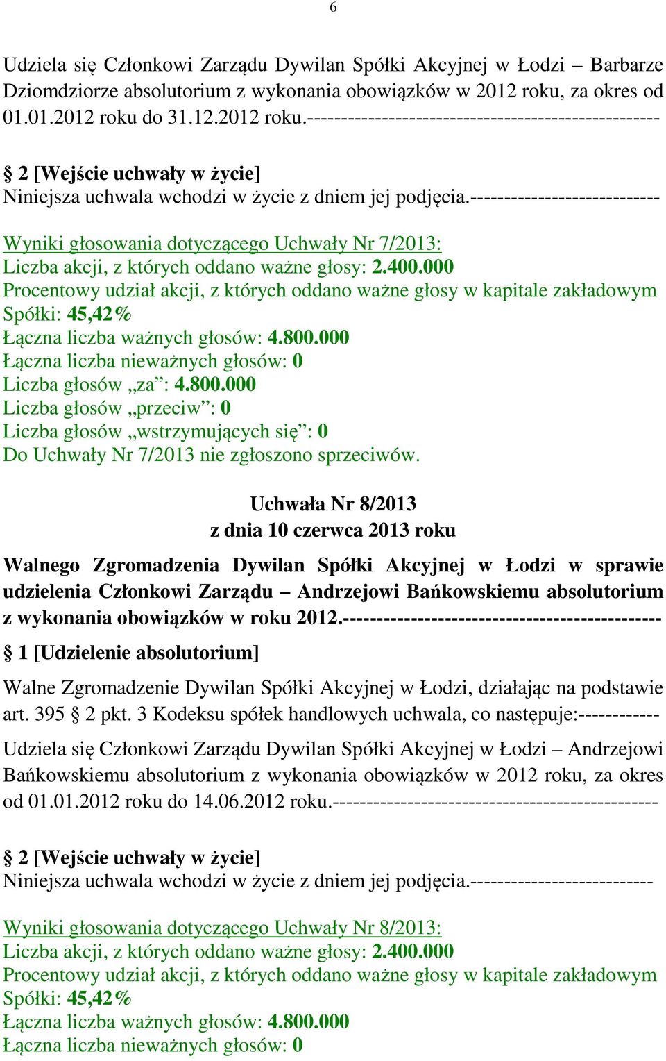 Uchwała Nr 8/2013 udzielenia Członkowi Zarządu Andrzejowi Bańkowskiemu absolutorium z wykonania obowiązków w roku 2012.----------------------------------------------- art. 395 2 pkt.