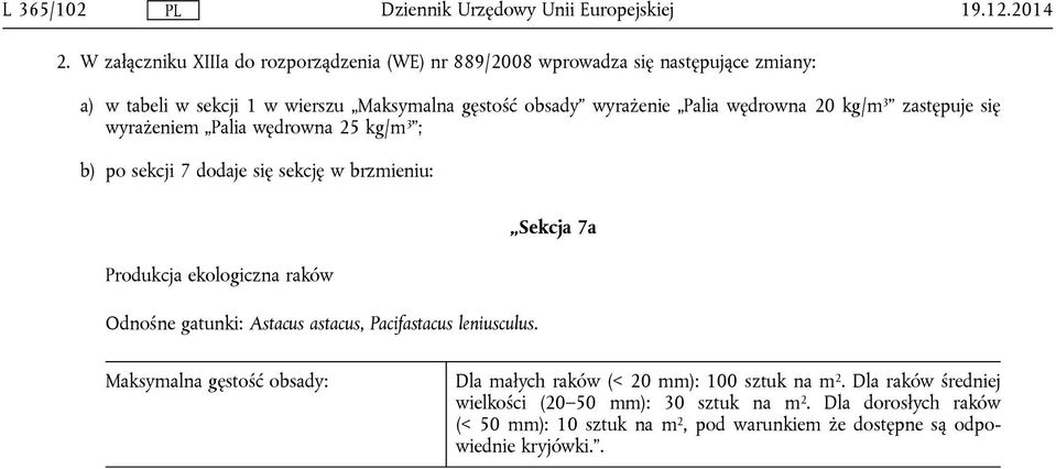 Palia wędrowna 20 kg/m 3 zastępuje się wyrażeniem Palia wędrowna 25 kg/m 3 ; b) po sekcji 7 dodaje się sekcję w brzmieniu: Produkcja ekologiczna raków