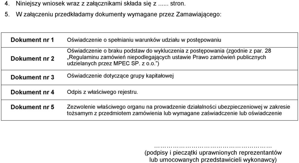 postępowaniu Oświadczenie o braku podstaw do wykluczenia z postępowania (zgodnie z par. 28 Regulaminu zamówień niepodlegających ustawie Prawo zamówień publicznych udzielanych przez MPEC SP.