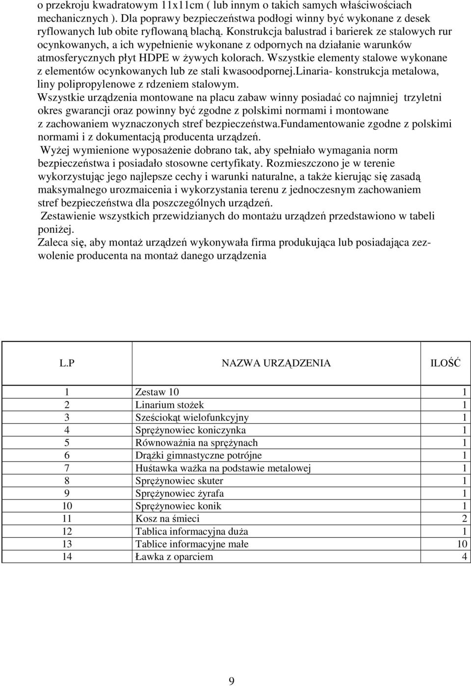 Wszystkie elementy stalowe wykonane z elementów ocynkowanych lub ze stali kwasoodpornej.linaria- konstrukcja metalowa, liny polipropylenowe z rdzeniem stalowym.