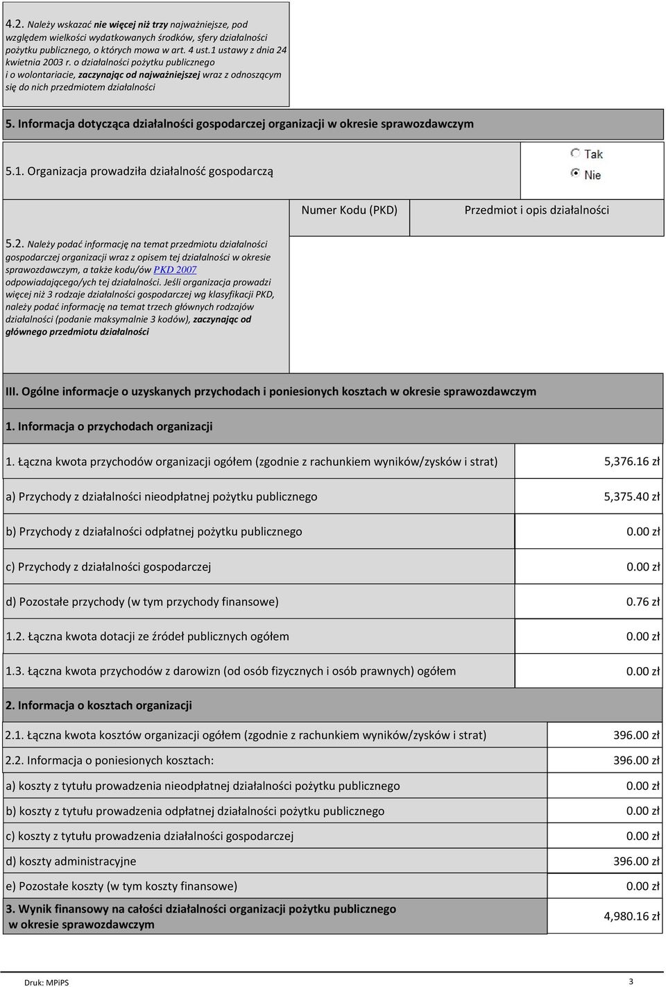 Informacja dotycząca działalności gospodarczej organizacji w okresie 5.1. Organizacja prowadziła działalność gospodarczą Numer Kodu (PKD) Przedmiot i opis działalności 5.2.