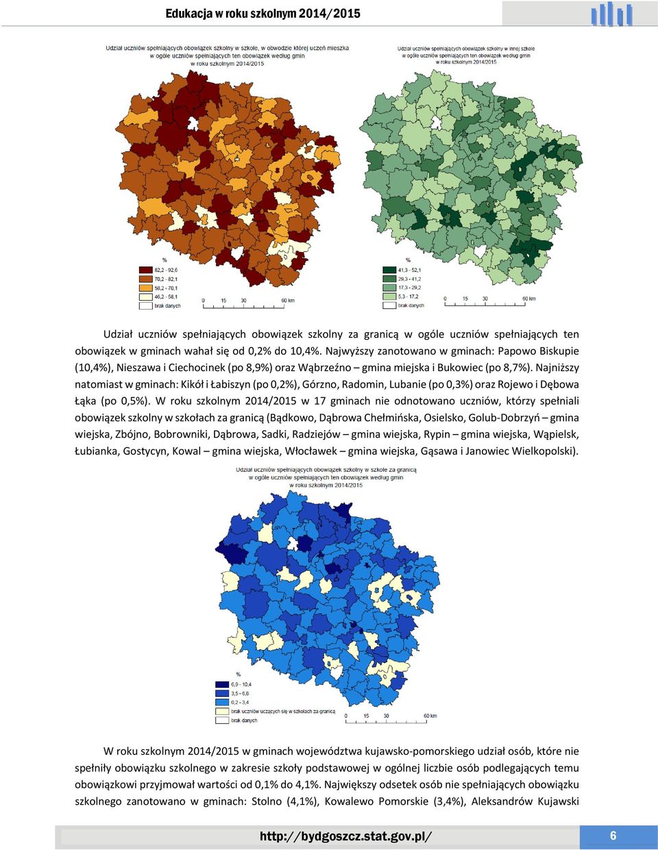 Najniższy natomiast w gminach: Kikół i Łabiszyn (po 0,2%), Górzno, Radomin, Lubanie (po 0,3%) oraz Rojewo i Dębowa Łąka (po 0,5%).