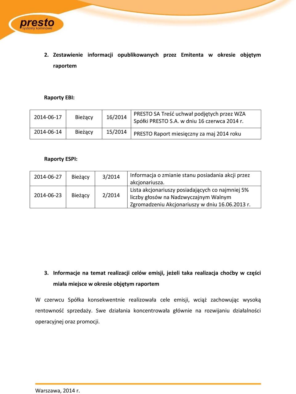 2014-06-23 Bieżący 2/2014 Lista akcjonariuszy posiadających co najmniej 5% liczby głosów na Nadzwyczajnym Walnym Zgromadzeniu Akcjonariuszy w dniu 16.06.2013 r. 3.