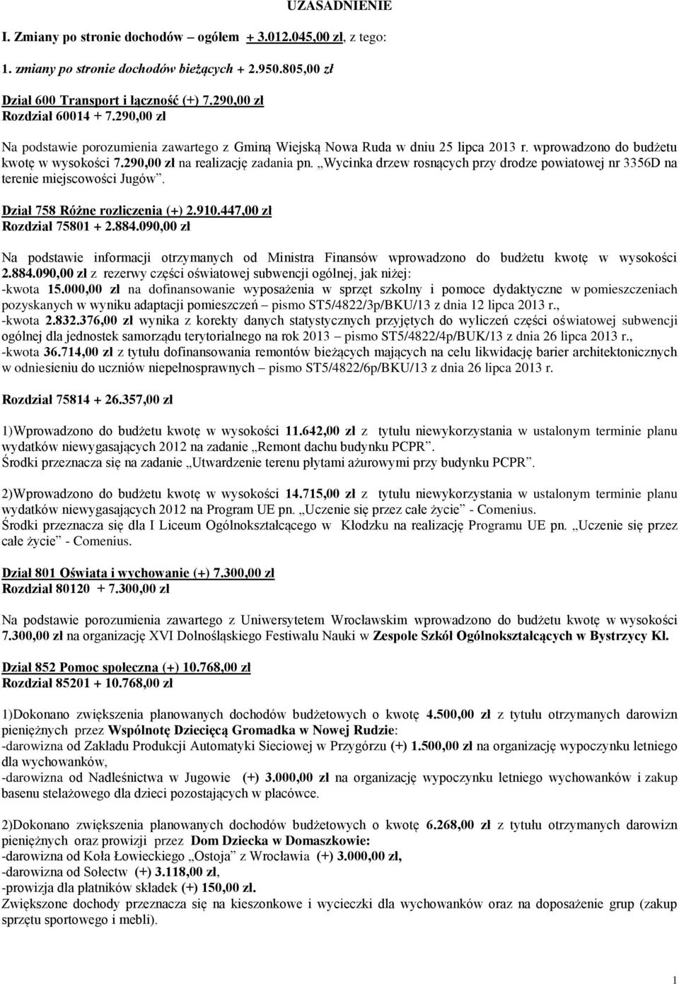 290,00 zł na realizację zadania pn. Wycinka drzew rosnących przy drodze powiatowej nr 3356D na terenie miejscowości Jugów. Dział 758 Różne rozliczenia (+) 2.910.447,00 zł Rozdział 75801 + 2.884.