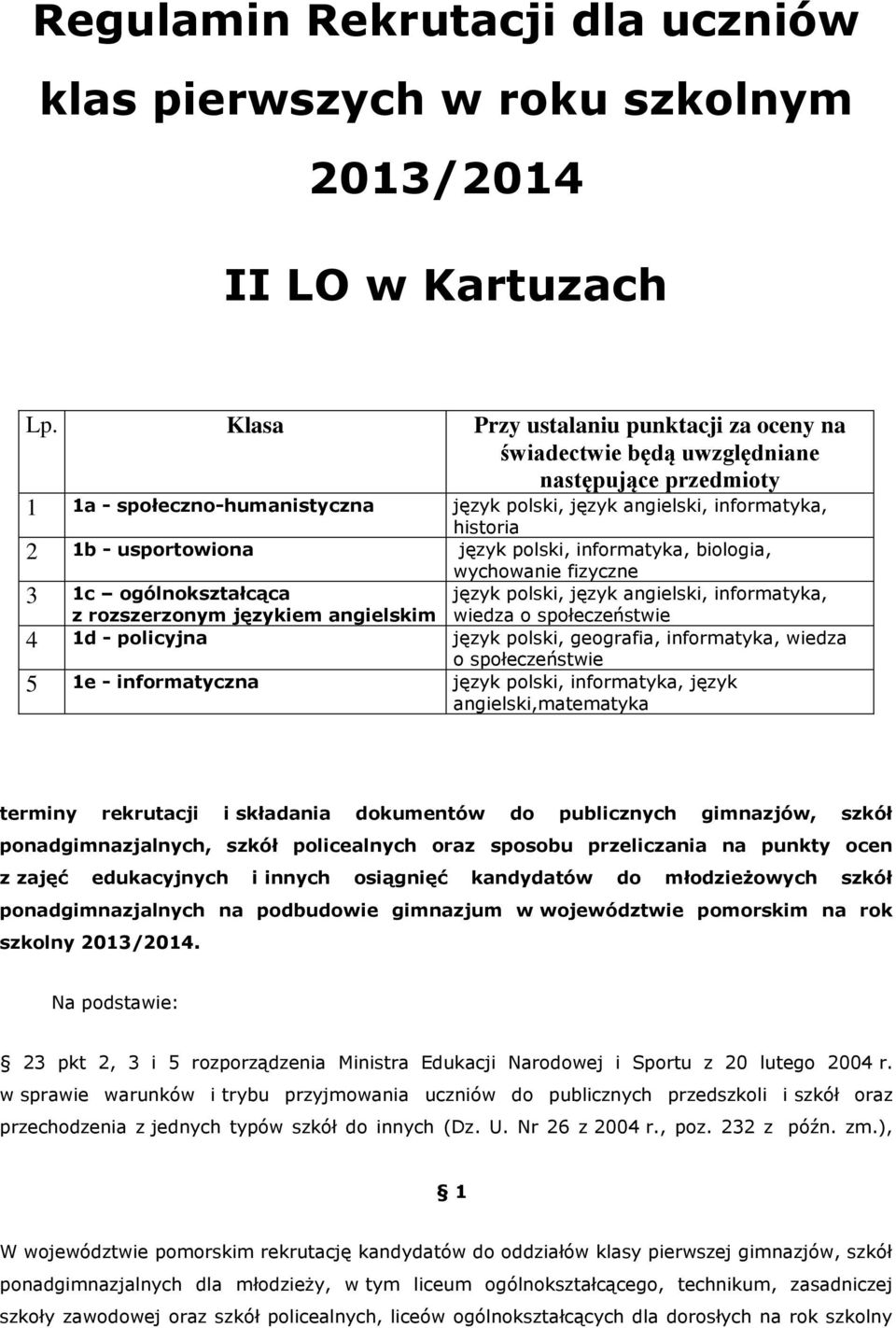 język polski, informatyka, biologia, 3 1c ogólnokształcąca z rozszerzonym językiem angielskim wychowanie fizyczne język polski, język angielski, informatyka, wiedza o społeczeństwie 4 1d - policyjna