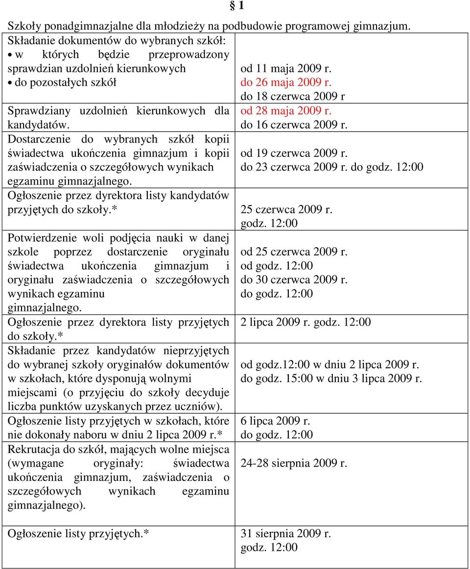 do 18 czerwca 2009 r od 28 maja 2009 r. do 16 czerwca 2009 r. Sprawdziany uzdolnień kierunkowych dla kandydatów.