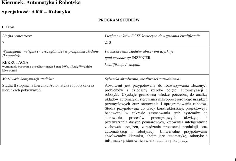 Senat PWr. i Radę Wydziału Elektrniki Mżliwść kntynuacji studiów: Studia II stpnia na kierunku Autmatyka i rbtyka raz kierunkach pkrewnych.