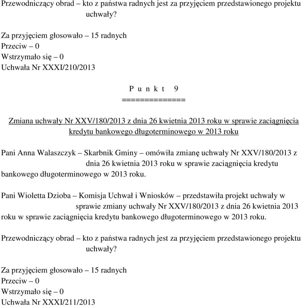 dnia 26 kwietnia 2013 roku w sprawie zaciągnięcia kredytu bankowego długoterminowego w 2013 roku.