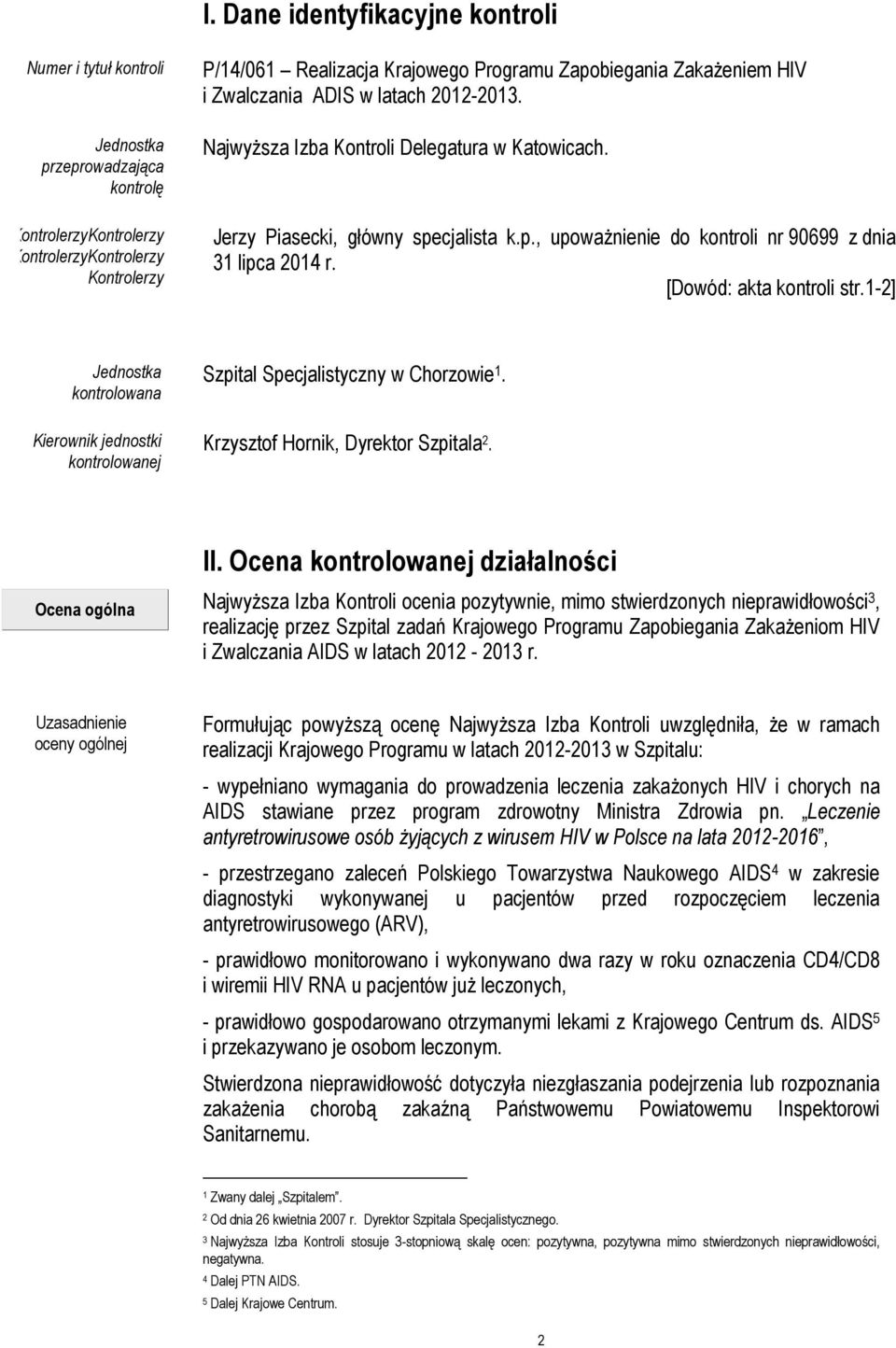 [Dowód: akta kontroli str.1-2] Jednostka kontrolowana Kierownik jednostki kontrolowanej Szpital Specjalistyczny w Chorzowie 1. Krzysztof Hornik, Dyrektor Szpitala 2. II.