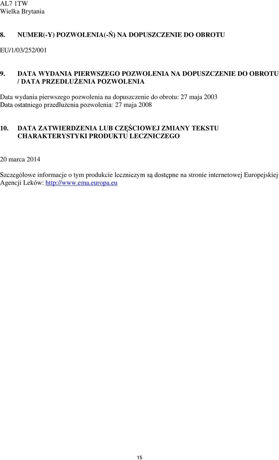 dopuszczenie do obrotu: 27 maja 2003 Data ostatniego przedłużenia pozwolenia: 27 maja 2008 10.