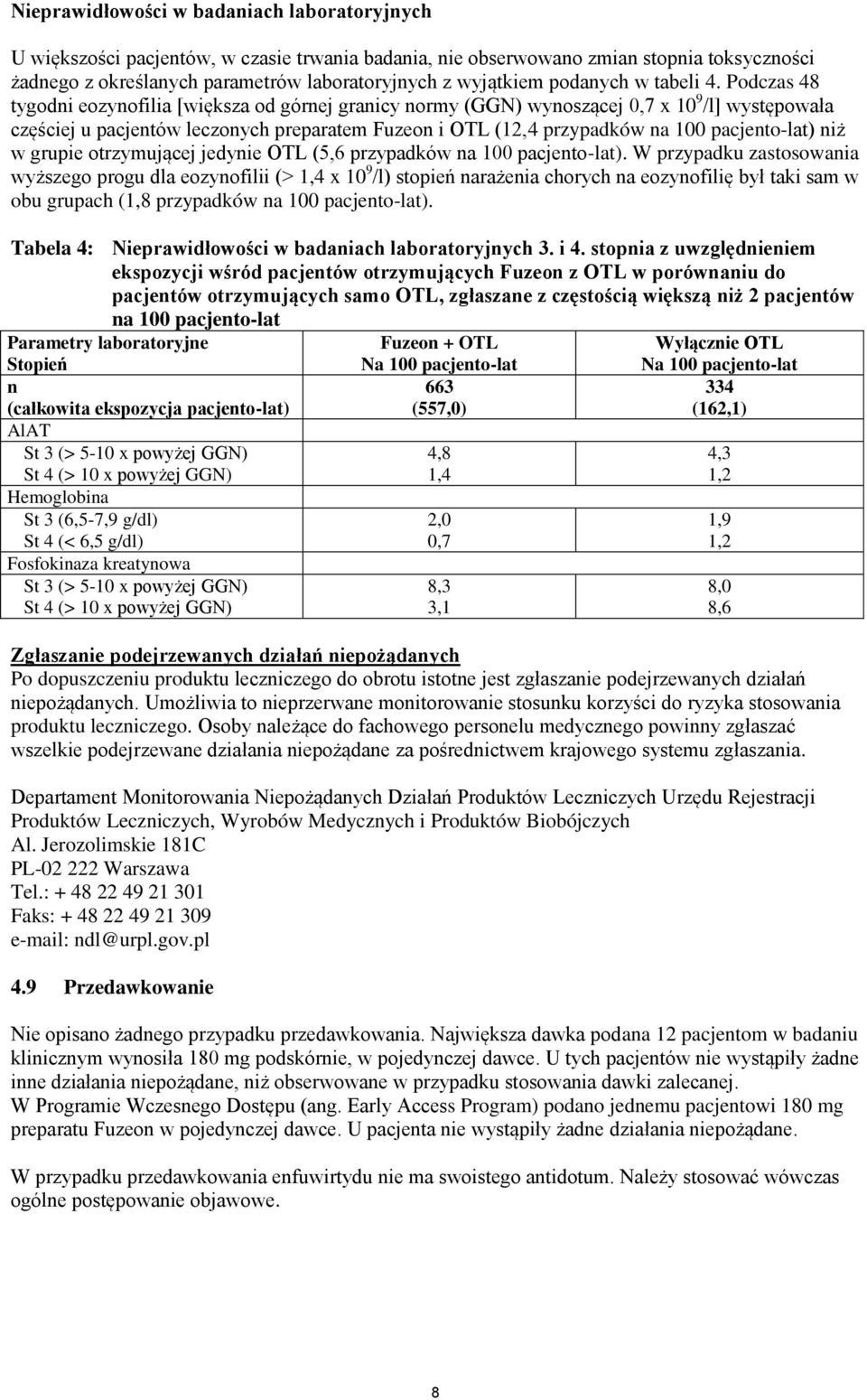 Podczas 48 tygodni eozynofilia [większa od górnej granicy normy (GGN) wynoszącej 0,7 x 10 9 /l] występowała częściej u pacjentów leczonych preparatem Fuzeon i OTL (12,4 przypadków na 100