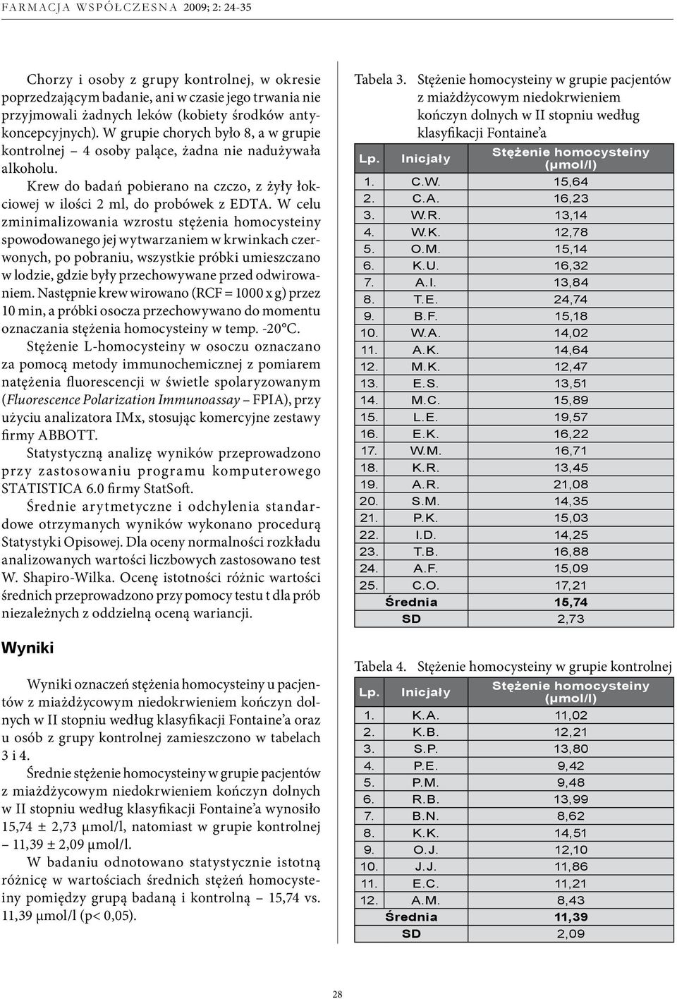 W celu zminimalizowania wzrostu stężenia homocysteiny spowodowanego jej wytwarzaniem w krwinkach czerwonych, po pobraniu, wszystkie próbki umieszczano w lodzie, gdzie były przechowywane przed