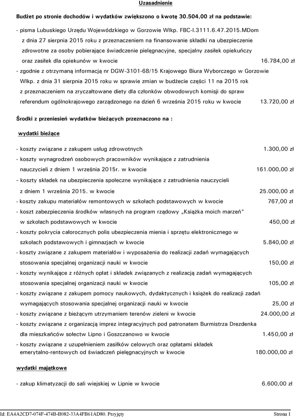 opiekunów w kwocie 16.784,00 zł - zgodnie z otrzymaną informacją nr DGW-3101-68/15 Krajowego Biura Wyborczego w Gorzowie Wlkp.
