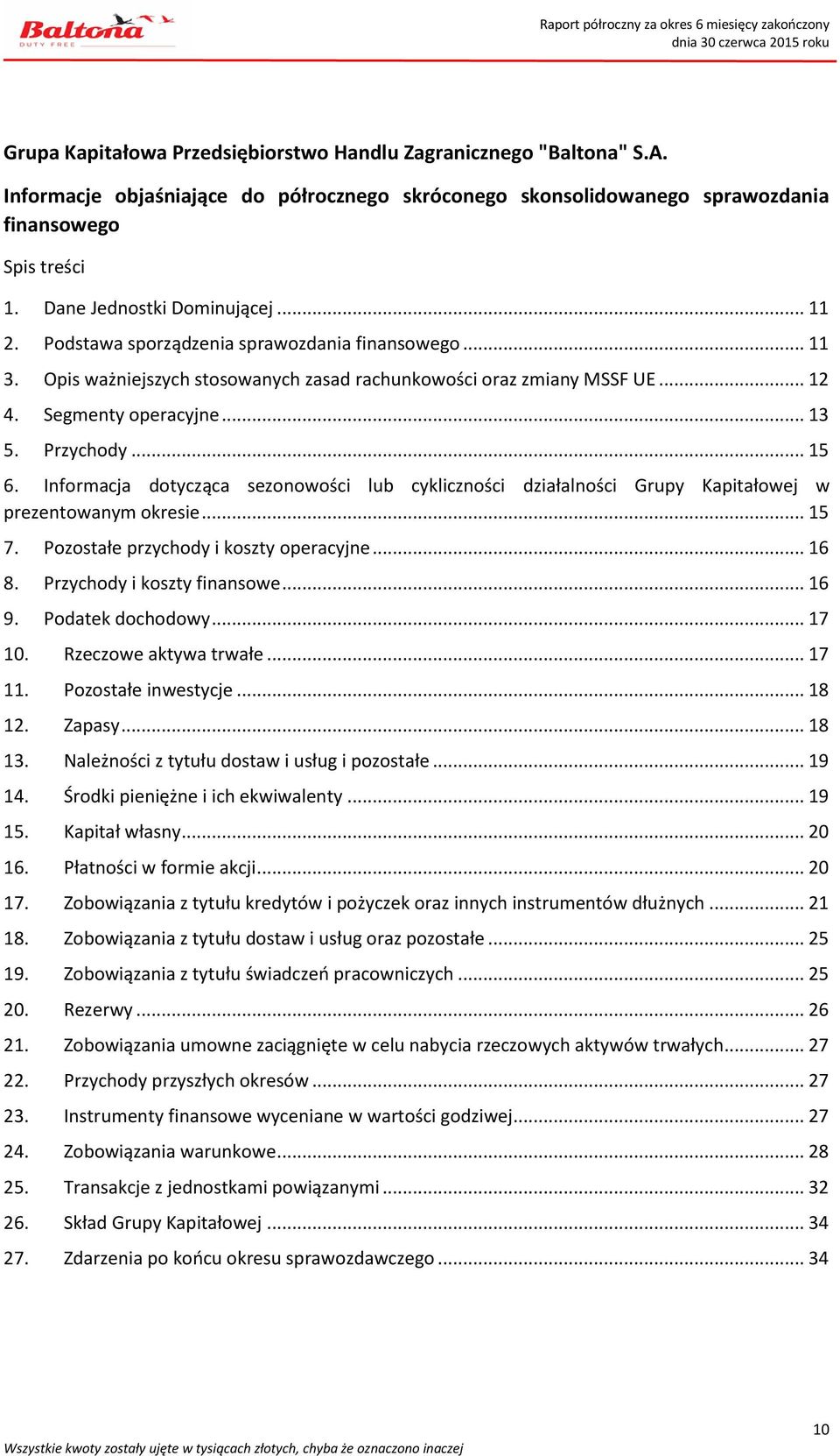 Przychody... 15 6. Informacja dotycząca sezonowości lub cykliczności działalności Grupy Kapitałowej w prezentowanym okresie... 15 7. Pozostałe przychody i koszty operacyjne... 16 8.