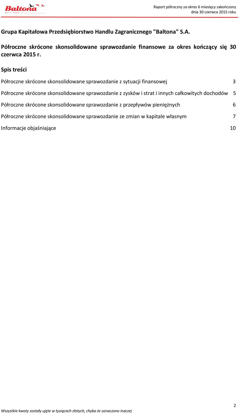 Spis treści Półroczne skrócone skonsolidowane sprawozdanie z sytuacji finansowej 3 Półroczne skrócone skonsolidowane sprawozdanie z zysków i strat i