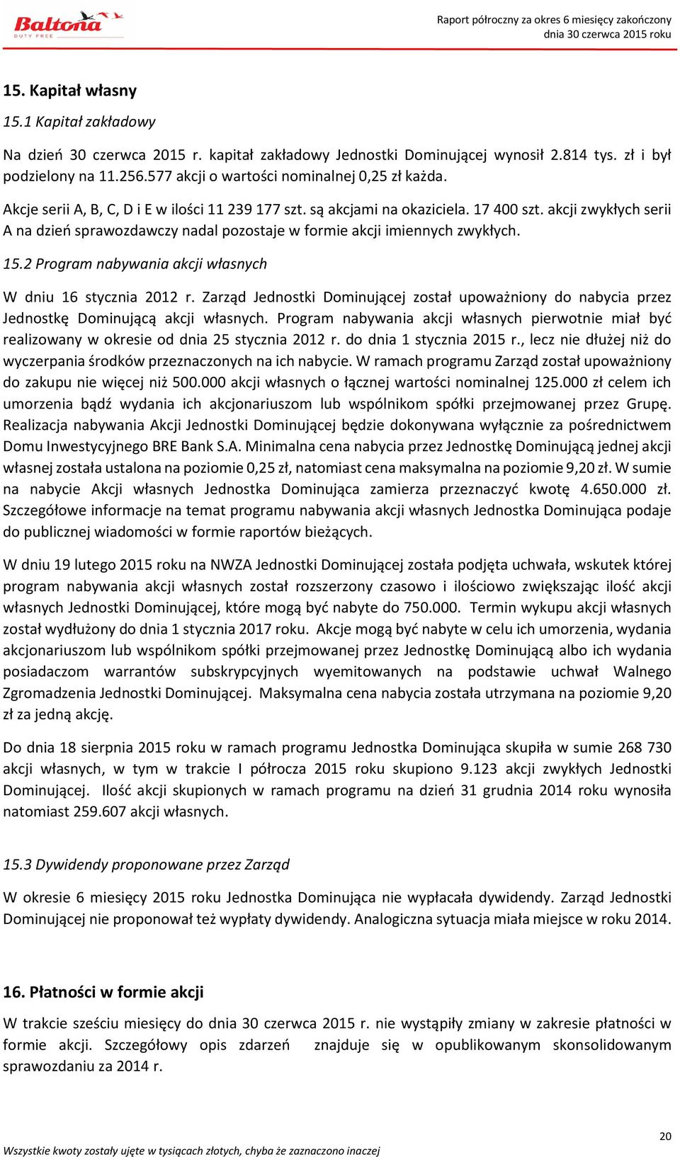 akcji zwykłych serii A na dzień sprawozdawczy nadal pozostaje w formie akcji imiennych zwykłych. 15.2 Program nabywania akcji własnych W dniu 16 stycznia 2012 r.