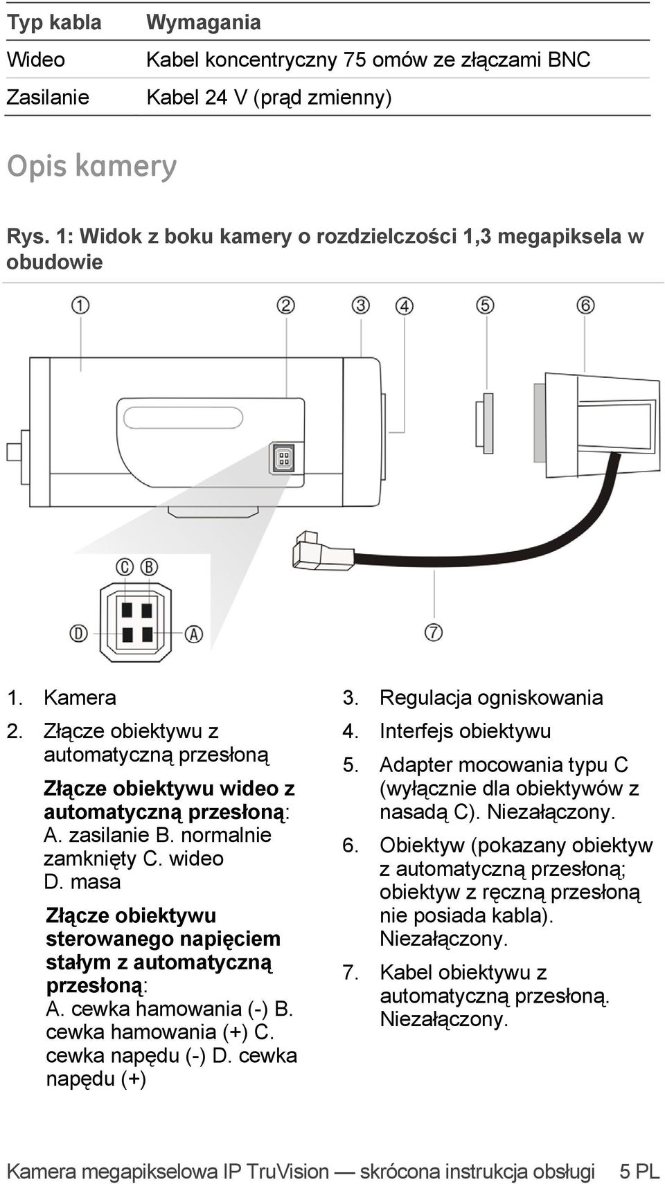 masa Złącze obiektywu sterowanego napięciem stałym z automatyczną przesłoną: A. cewka hamowania (-) B. cewka hamowania (+) C. cewka napędu (-) D. cewka napędu (+) 3. Regulacja ogniskowania 4.