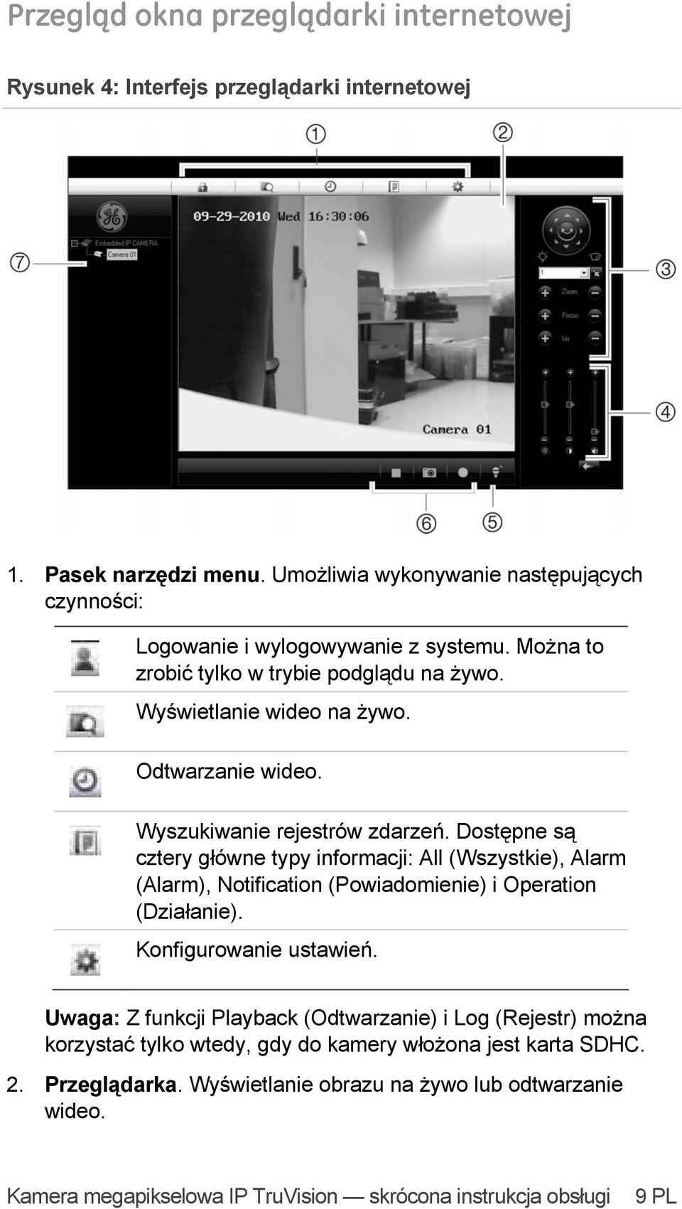 Wyszukiwanie rejestrów zdarzeń. Dostępne są cztery główne typy informacji: All (Wszystkie), Alarm (Alarm), Notification (Powiadomienie) i Operation (Działanie).