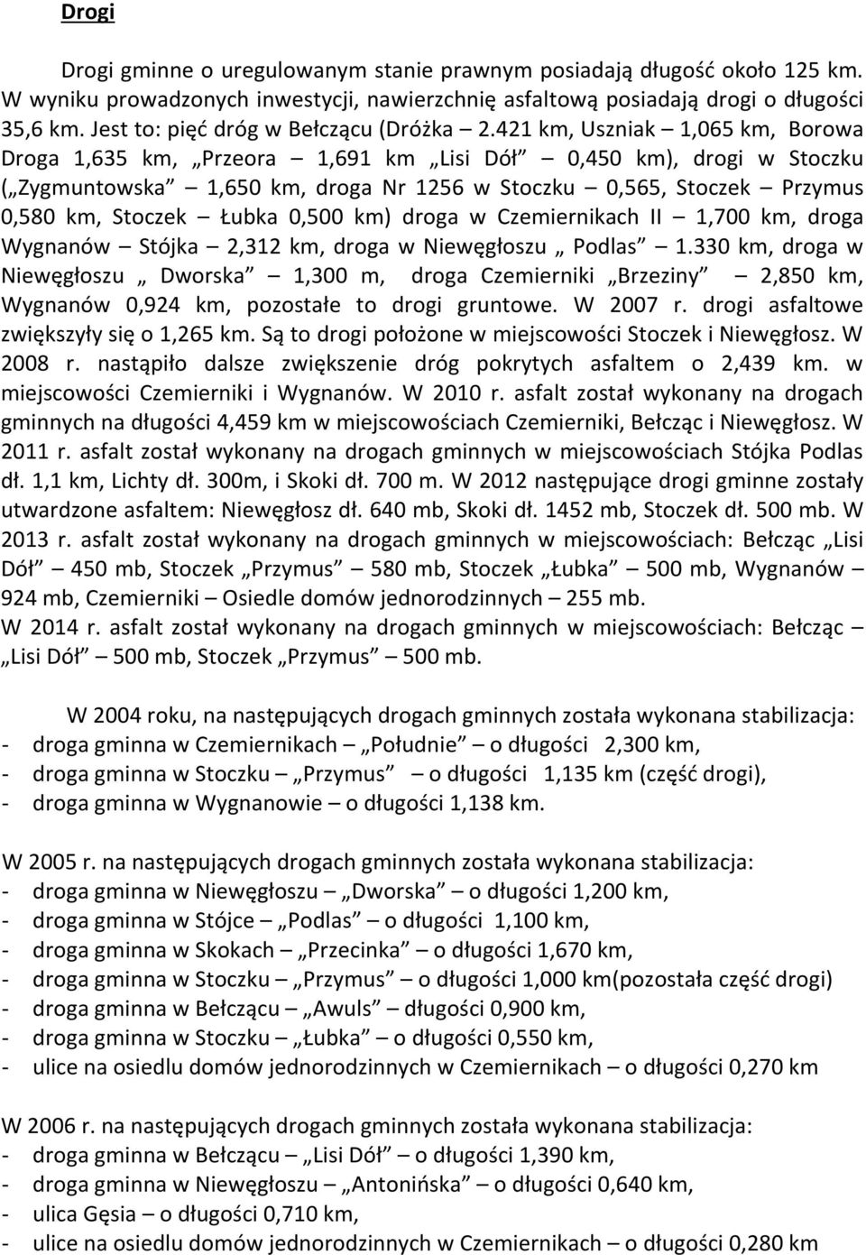 421 km, Uszniak 1,065 km, Borowa Droga 1,635 km, Przeora 1,691 km Lisi Dół 0,450 km), drogi w Stoczku ( Zygmuntowska 1,650 km, droga Nr 1256 w Stoczku 0,565, Stoczek Przymus 0,580 km, Stoczek Łubka