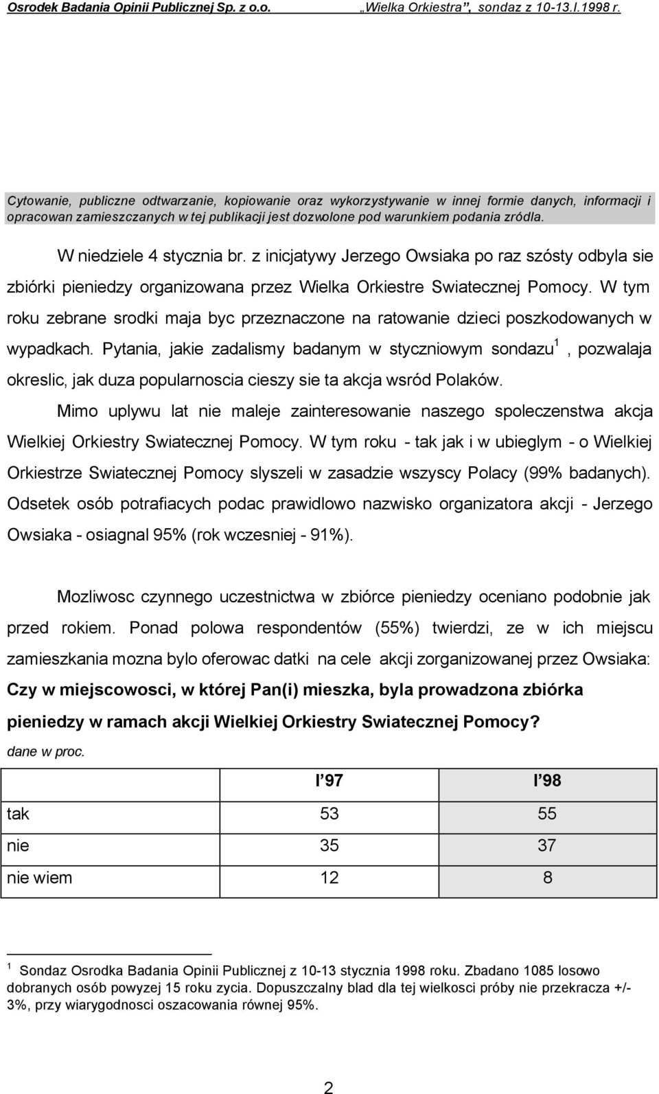 W niedziele 4 stycznia br. z inicjatywy Jerzego Owsiaka po raz szósty odbyla sie zbiórki pieniedzy organizowana przez Wielka Orkiestre Swiatecznej Pomocy.