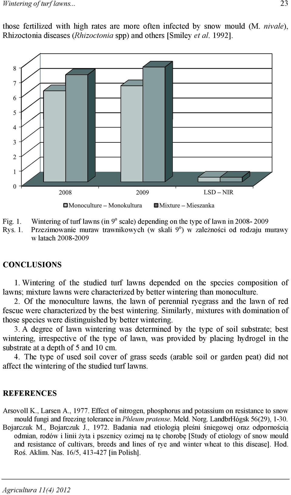 Wintering of the studied turf lawns depended on the species composition of lawns; mixture lawns were characterized by better wintering than monoculture. 2.