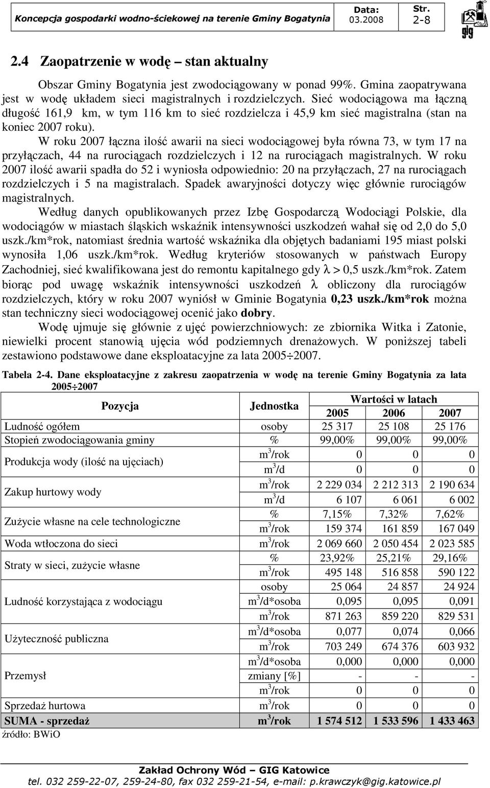 W roku 2007 łączna ilość awarii na sieci wodociągowej była równa 73, w tym 17 na przyłączach, 44 na rurociągach rozdzielczych i 12 na rurociągach magistralnych.