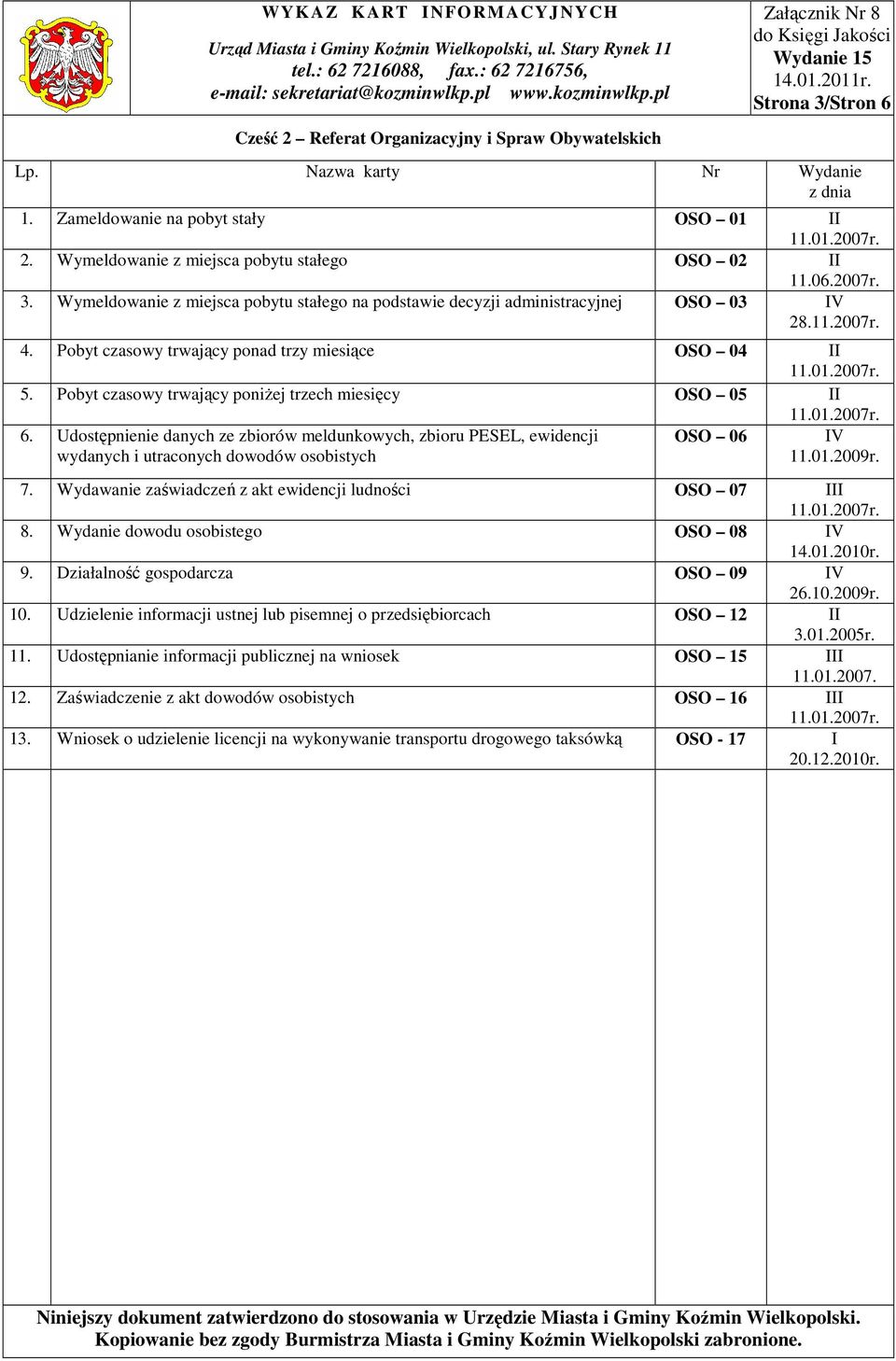 Udostępnienie danych ze zbiorów meldunkowych, zbioru PESEL, ewidencji wydanych i utraconych dowodów osobistych OSO 06 IV 11.01.2009r. 7. Wydawanie zaświadczeń z akt ewidencji ludności OSO 07 8.