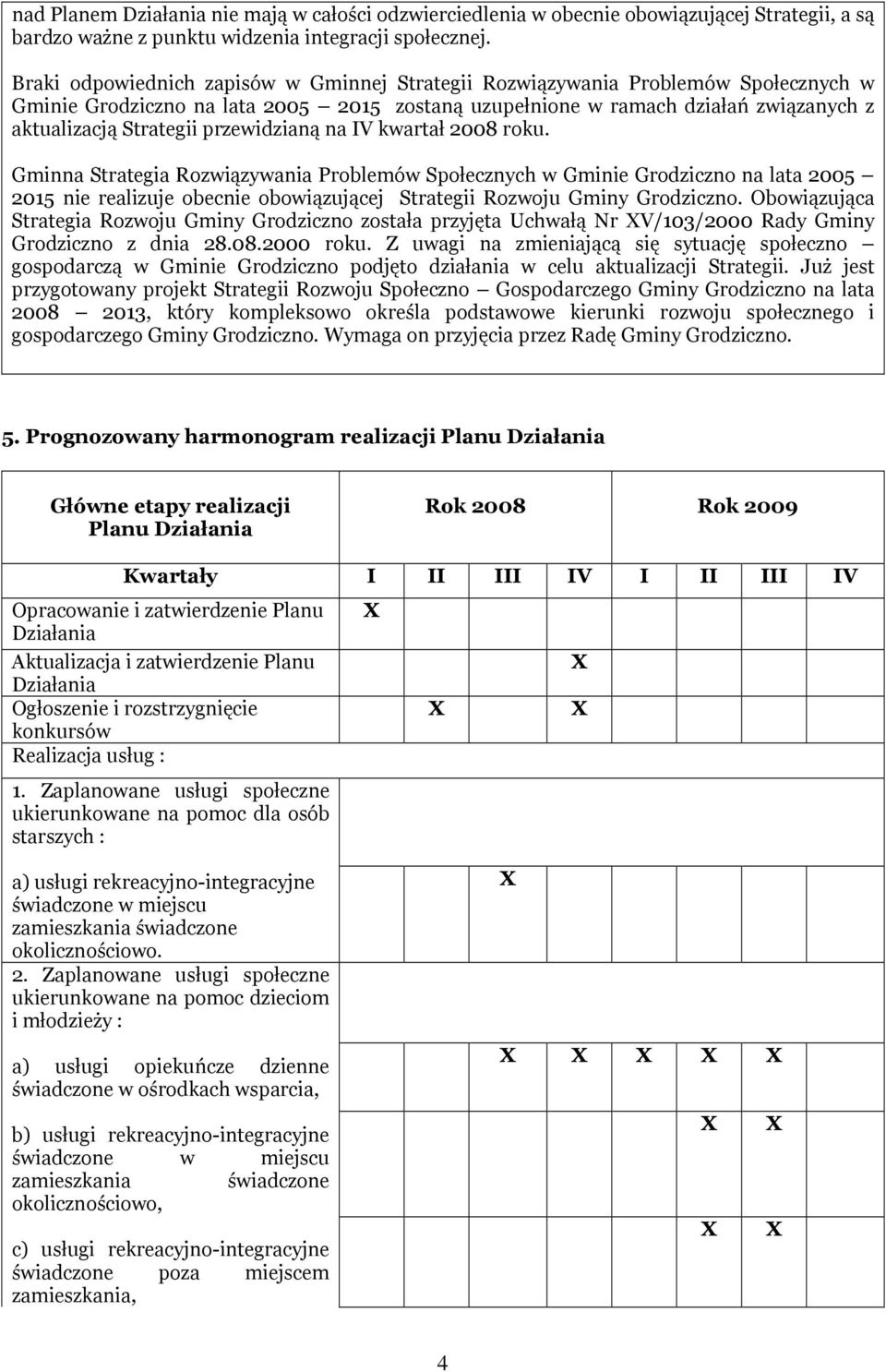 przewidzianą na IV kwartał 2008 roku. Gminna Strategia Rozwiązywania Problemów Społecznych w Gminie Grodziczno na lata 2005 2015 nie realizuje obecnie obowiązującej Strategii Rozwoju Gminy Grodziczno.