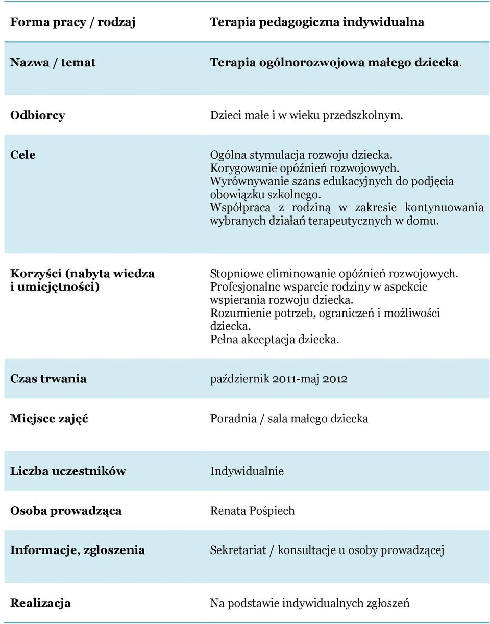 Współpraca z rodziną w zakresie kontynuowania wybranych działań terapeutycznych w domu. Korzyści (nabyta wiedza i umiejętności) Stopniowe eliminowanie opóźnień rozwojowych.