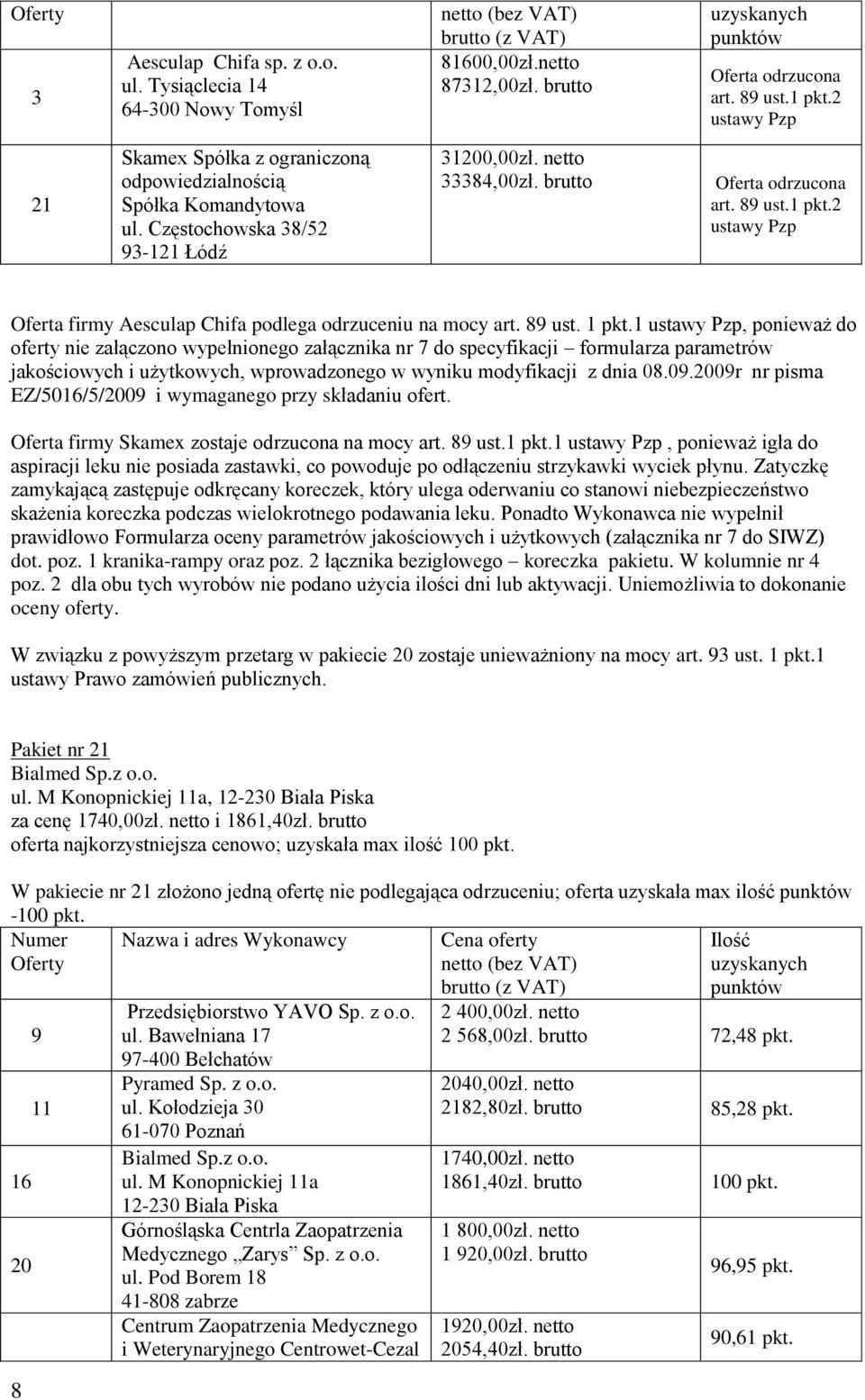 1, ponieważ do oferty nie załączono wypełnionego załącznika nr 7 do specyfikacji formularza parametrów jakościowych i użytkowych, wprowadzonego w wyniku modyfikacji z dnia 08.09.