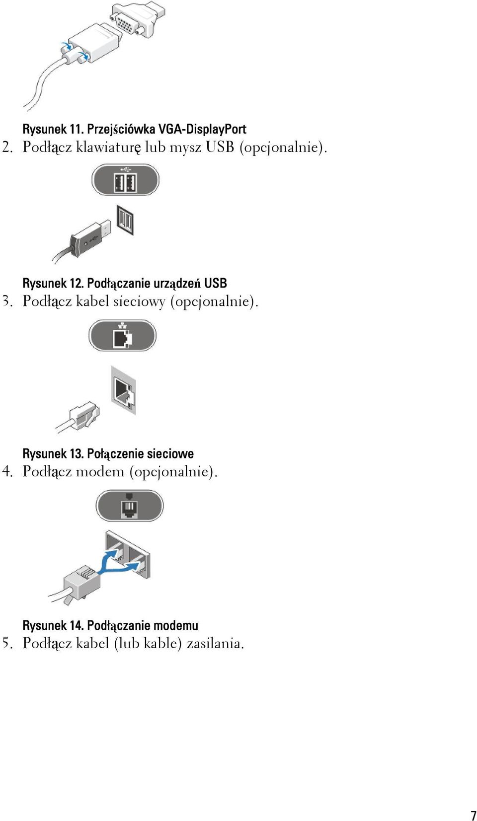 Podłączanie urządzeń USB 3. Podłącz kabel sieciowy (opcjonalnie). Rysunek 13.