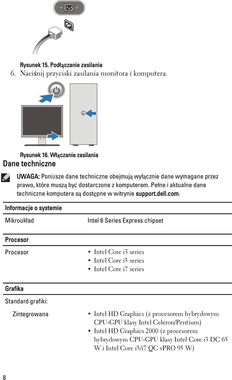 Pełne i aktualne dane techniczne komputera są dostępne w witrynie support.dell.com.